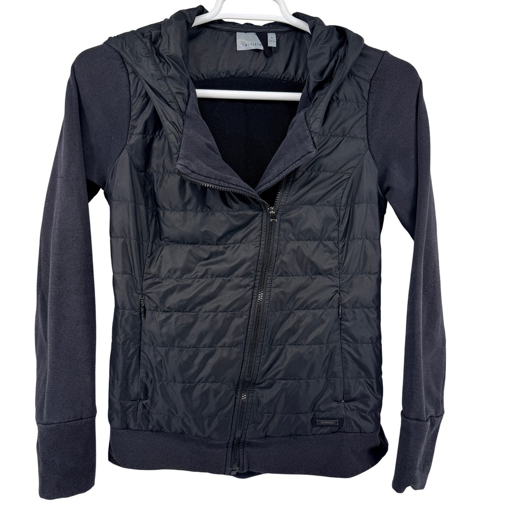 Athleta‎ Jacket Women S Black Puffer Hybrid Full Zip Hooded Thumbhole Activewear